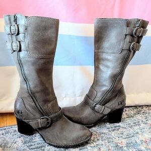 Born Treddy Taupe Gray Leather Buckled Boots Moto Heeled Whimsigoth Cowgirl 8